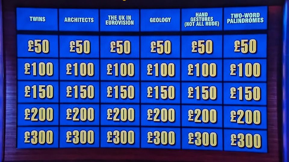 Jeopardy UK Clue Board (Jeopardy, ITV)