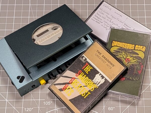We Are Rewind WE-001 Cassette Player, The Shadows Greatest Hits, Orchestral Gold's Dakkan, and a C60 Mixtape.