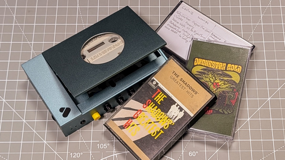 We Are Rewind WE-001 Cassette Player, The Shadows Greatest Hits, Orchestral Gold's Dakkan, and a C60 Mixtape.
