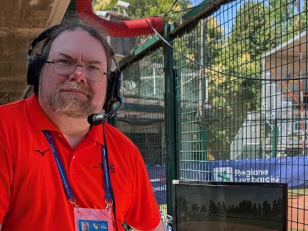 Ewan Spence, commentating at the WBSC Women's U-15 Softball World Cup (photo: Ewan Spence, July 2025)